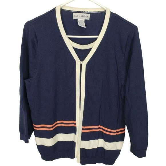Sag Harbor Navy Blue Red White Striped‎ Vintage Open Front Cardigan Size Medium - Picture 1 of 6